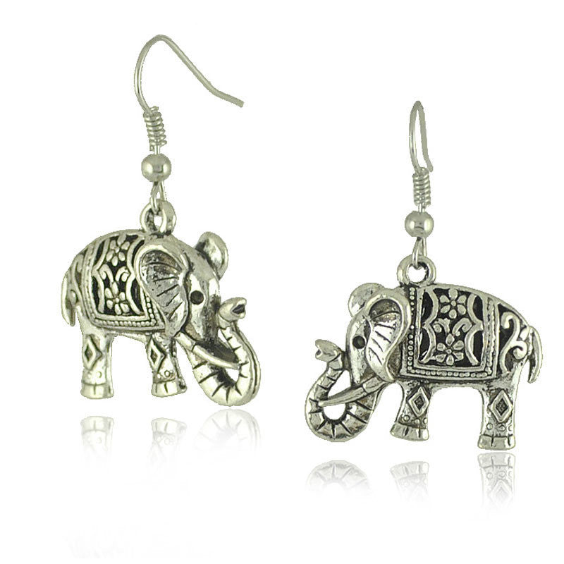 Unique Tibetan Silver Hollow Carved Elephant Drop Dangle Fashion Vintage Earrings For Women