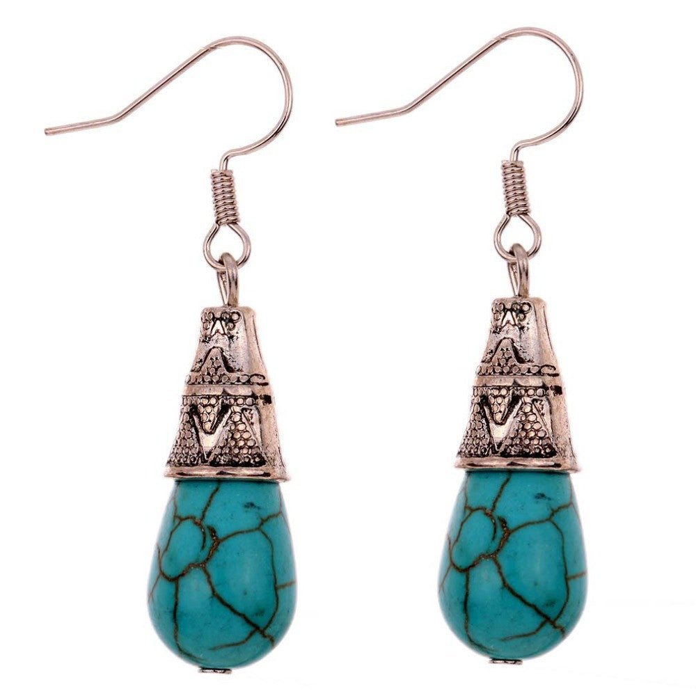 Unique Vintage Pattern Design summer style Tibetan Silver Teardrop Turquoise Fine and Fashion Jewelry Earrings For Women