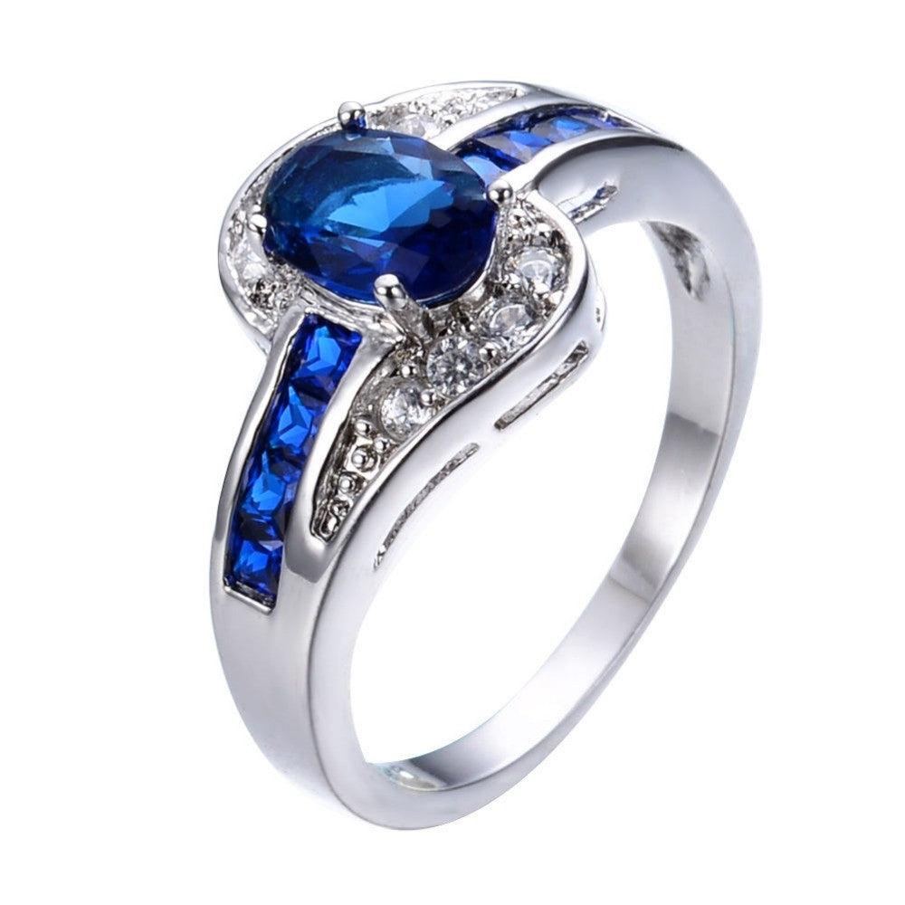 Unique Jewelry Blue Oval Zircon Stone Ring White Gold Filled Wedding Engagement Rings For Women Men