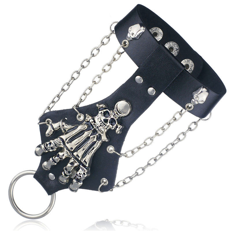 Unisex Cool Punk Rock Gothic Skeleton Skull Hand Glove Chain Link Wristband Bangle Leather Bracelet