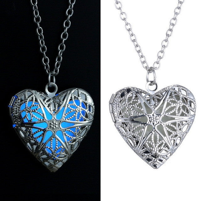 Unisex Women Men Hollow Heart Necklace Pendant Luminous Glow In The Dark Locket Glwoing Necklaces Jewelry Gifts