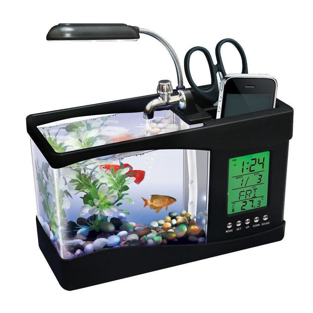 Usb Desktop Electronic Aquarium Mini Fish Tank with Water Running LED Pump Light Calendar Alarm Clock