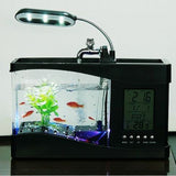 Usb Desktop Electronic Aquarium Mini Fish Tank with Water Running LED Pump Light Calendar Alarm Clock