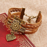 Vintage Alloy Flower Heart Buckle Mens Leather Woven Bracelets LOVE Multilayer Faux Bracelets Summer Style Women Jewellry
