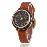Vintage Cow Leather Bracelet Watch Women Flower Engraved WristWatch Casual Luxury Quartz Watch