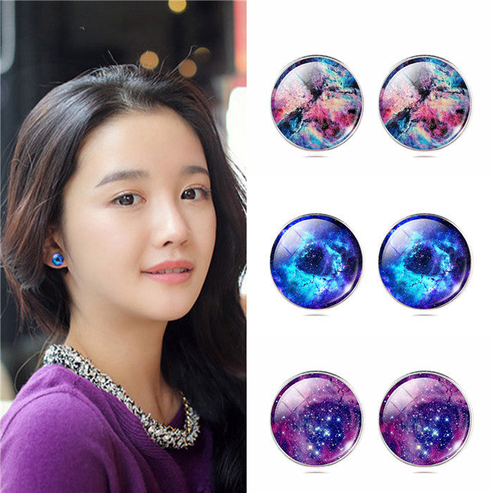 Vintage Galaxy Cabochon Earrings Silver Color Stud Earrings for Valentine's Day Romanitc Moon Earrings for Women Gift