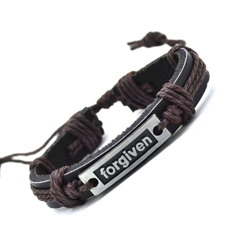 Vintage Jewelry Genuine Leather Bracelet Men Bracelet for Women Femme "FORGIVEN" Charm Bracelets Bangles Fashion Jewelry