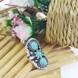 Vintage Look Tibet Alloy Antique Silver Plated Flower Three Turquoise Bead Rings for Women Fine Jewelry Summer Style