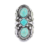 Vintage Look Tibet Alloy Antique Silver Plated Flower Three Turquoise Bead Rings for Women Fine Jewelry Summer Style