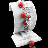Vintage Look Tibetan Alloy Antique Silver Plated Assorted Pendant Red Turquoise Bracelet 