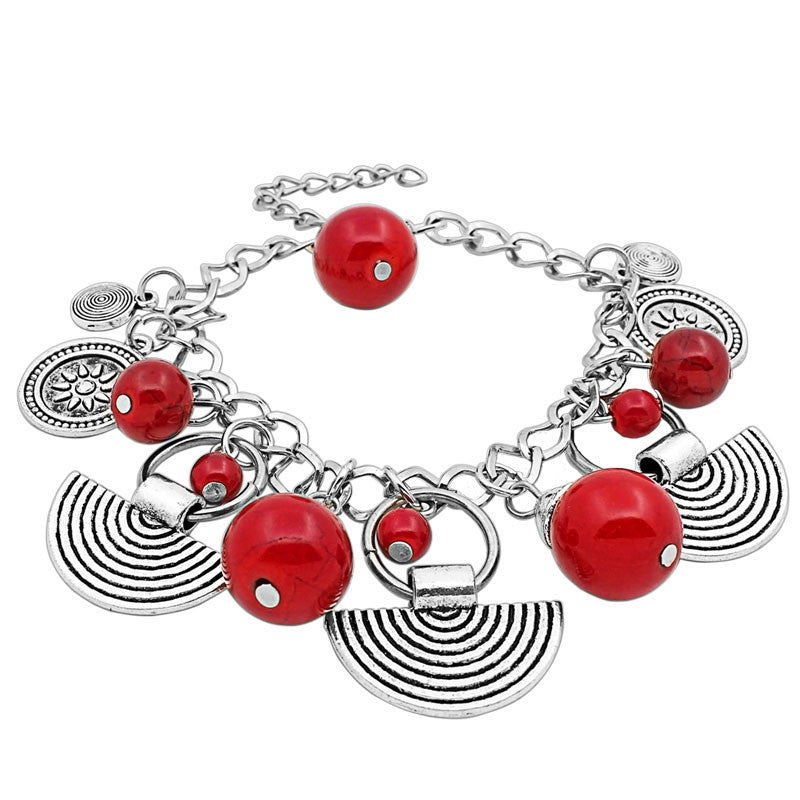 Vintage Look Tibetan Alloy Antique Silver Plated Assorted Pendant Red Turquoise Bracelet 