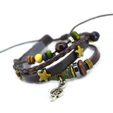 Vintage Retro Handmade Bohemia Wooden beads Adjustable Leather Bracelet For Women Men Unisex Jewelry Star Silver Bracelet Bangle