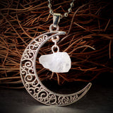 Vintage Silver Plated Crescent Raw Stone Amethyst Pendant Necklaces Women Natural Stone Clean Quartz Necklace Jewelry