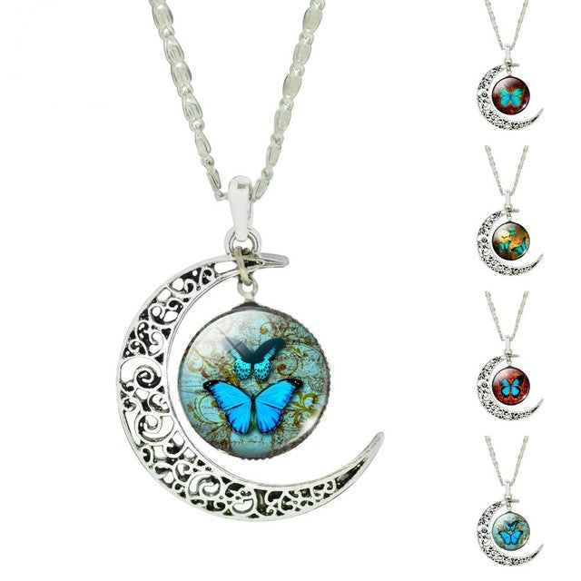 Vintage Sterling Silver Jewelry Fashion Moon Butterfly Collares for Women Romantic Glass Cabochon Statement Pendant Necklace