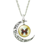 Vintage Sterling Silver Jewelry Fashion Moon Butterfly Collares for Women Romantic Glass Cabochon Statement Pendant Necklace