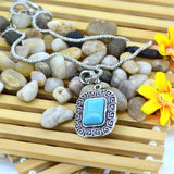 Vintage Tibetan Round Turquoise Statement Necklace Square Silver Color Jewelry Collares for Women Gift Fine Jewelry