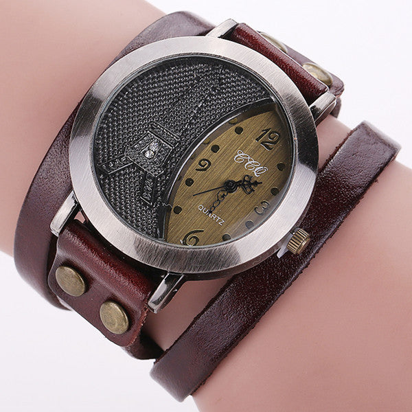 New Vintage Tower Watch Genuine Leather Bracelet Watches Women WristWatch Quartz Watch