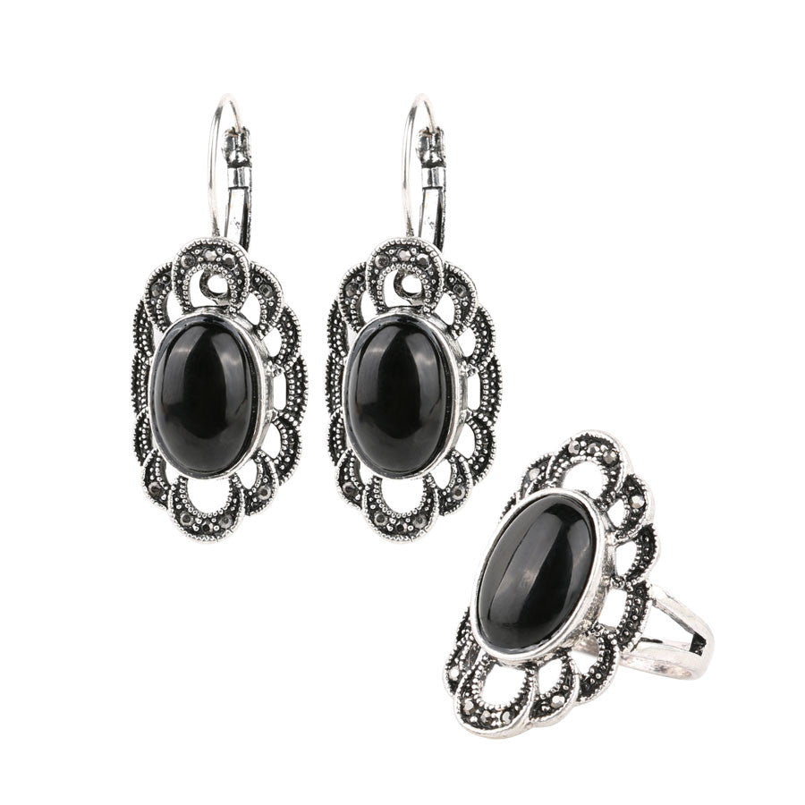 Vintage Antique Silver Plated Oval Flower Bead Black Turquoise Rings And Earrings Jewelry Sets Anniversary Gift