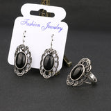 Vintage Antique Silver Plated Oval Flower Bead Black Turquoise Rings And Earrings Jewelry Sets Anniversary Gift 