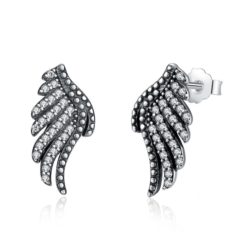 Vintage Authentic 100% 925 Sterling Silver Majestic Feathers Phoenix-Wing Stud Earrings With White Clear CZ