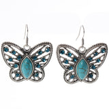 Vintage Blue Crystal Beads Turquoise Jewelry Tibetan Silver Butterfly Drop Earrings For Women Charms Stone Gem Earring