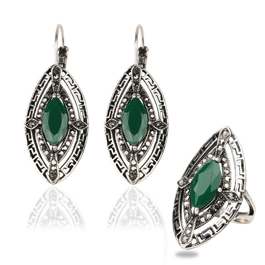 Vintage Bohemia Jewelry Antique Silver Plated Eyes Turquoise Stone Earrings Ring Women Jewelry Set
