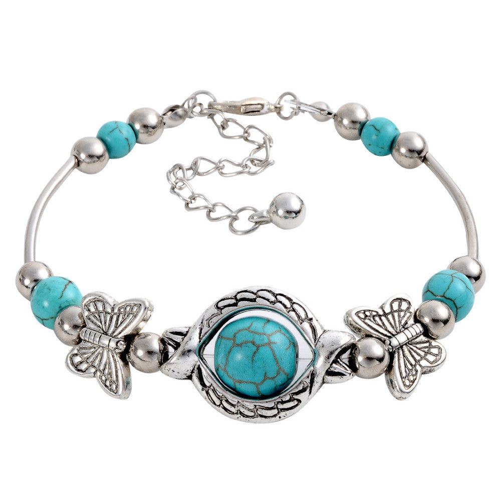 Vintage Charming Crystal Tibetan Silver Butterfly round blue turquoise beads bracelet jewelry for women