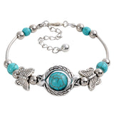 Vintage Charming Crystal Tibetan Silver Butterfly round blue turquoise beads bracelet jewelry for women 