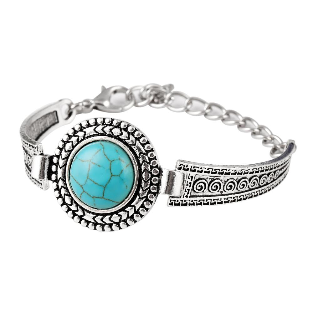 Vintage Jewelry Tibetan Silver Carved Round Turquoise Bangle Gift For Women Bracelet Watch Band pulsera brazalete Accessory