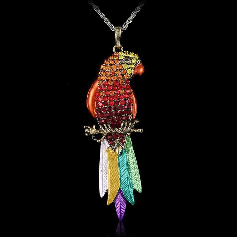 Vintage Long Jewelry Fashion Sweater Necklace Bird Exquisite Colourful Enamel Crystal Animal Parrot Pendant Necklaces Women
