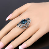 Vintage Luxury Glass Ring Fashion Sapphire Jewelry Plating Ancient Silver Rings For Women New Year Gift 