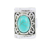 Vintage Retro Silver Color Jewelry Carved Square Metal Oval Turquoise Ring for Women Summer Style