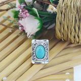 Vintage Retro Silver Color Jewelry Carved Square Metal Oval Turquoise Ring for Women Summer Style