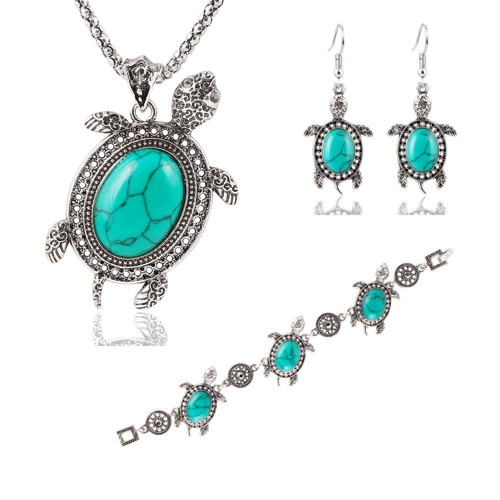 Vintage Silver Tone Animal Tortoise Jewelry Sets Turquoise Earrings Necklace Bracelet Fashion Women Little Turtle Accessories