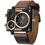 Vogue Men's Collection Black Rectangle Case Three Quartz Time Zones Military Canvas Fabric and Leather Band Sports Wrist Watches