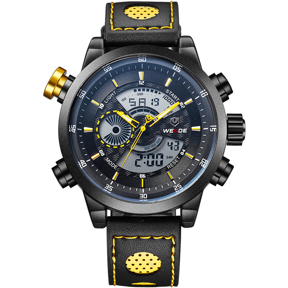 WEIDE Men Wristwatches Famous Brand Original Quartz Digital Mov't Genuine Leather Strap Multifunctional Outdoor Waterproof Watch
