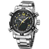 WEIDE Mens Watches LED Digital Analog Quartz-watch Display 2 Time Zones Full Stainless Steel Watch Men Waterproof 3ATM Clock