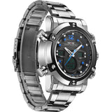 WEIDE Mens Watches LED Digital Analog Quartz-watch Display 2 Time Zones Full Stainless Steel Watch Men Waterproof 3ATM Clock