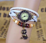 Vintage Watch Leather Strap bronze ladies quartz Watches Owl Pendant item hours wooden Bead Bracelet watch Casual watches