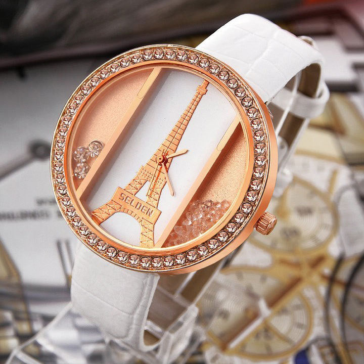 Eiffel tower ladies quartz Watch alloy rose gold dial PU strap Women's dress watch rhinestone watches quicksand wristwatches