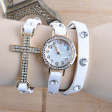 New Korean Lady Fashion Watch Simple Cross Inlaid Rhinestones Long Leather Bracelet Quartz Watches Women Dress Watch
