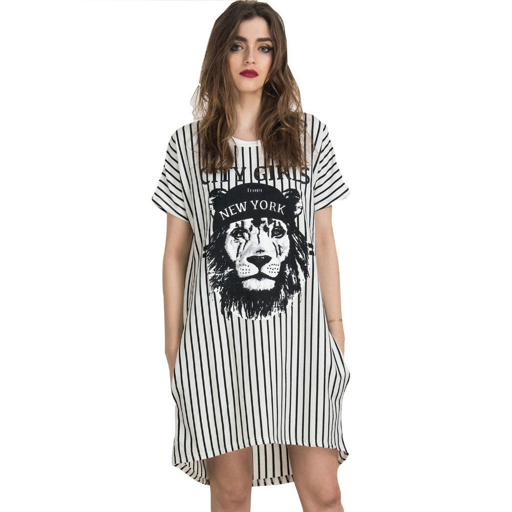 White Stripes Lion Animal Prints Short Sleeve Staight Shift Mini Jersey Casual Long t shirt Dress Summer New Women Fashion