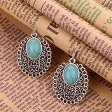 Fashion Retro New Heart Turquoise Crystal Inlay Flower Pendant Necklace Dangle Earrings Jewelry Set Gift for Women