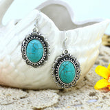 Vintage Dangle Earrings Silver Plated Laciness Oval Turquoise Pendant Earrings for Woman Elegant Party Accessory