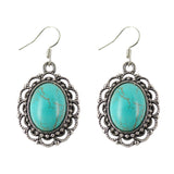 Vintage Dangle Earrings Silver Plated Laciness Oval Turquoise Pendant Earrings for Woman Elegant Party Accessory