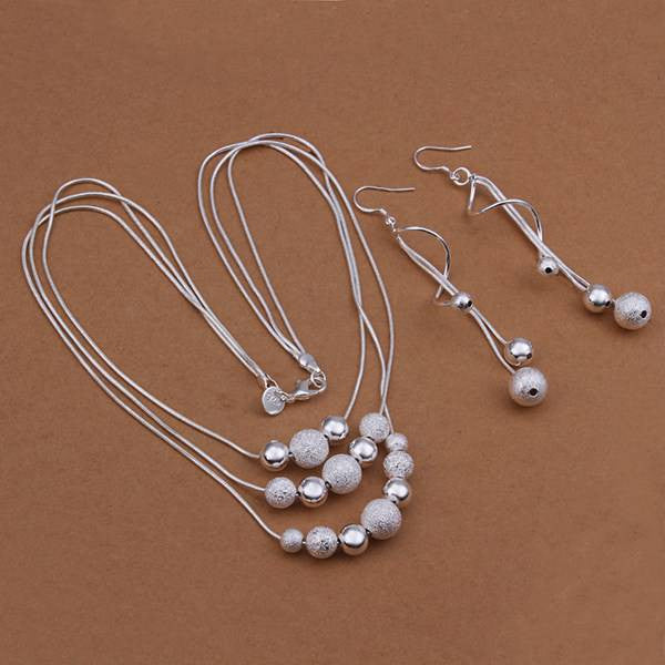 Silver plated Jewelry Set,silver Fashion Jewelry,Sand Light Bead Necklace+Earring Two Piece Set