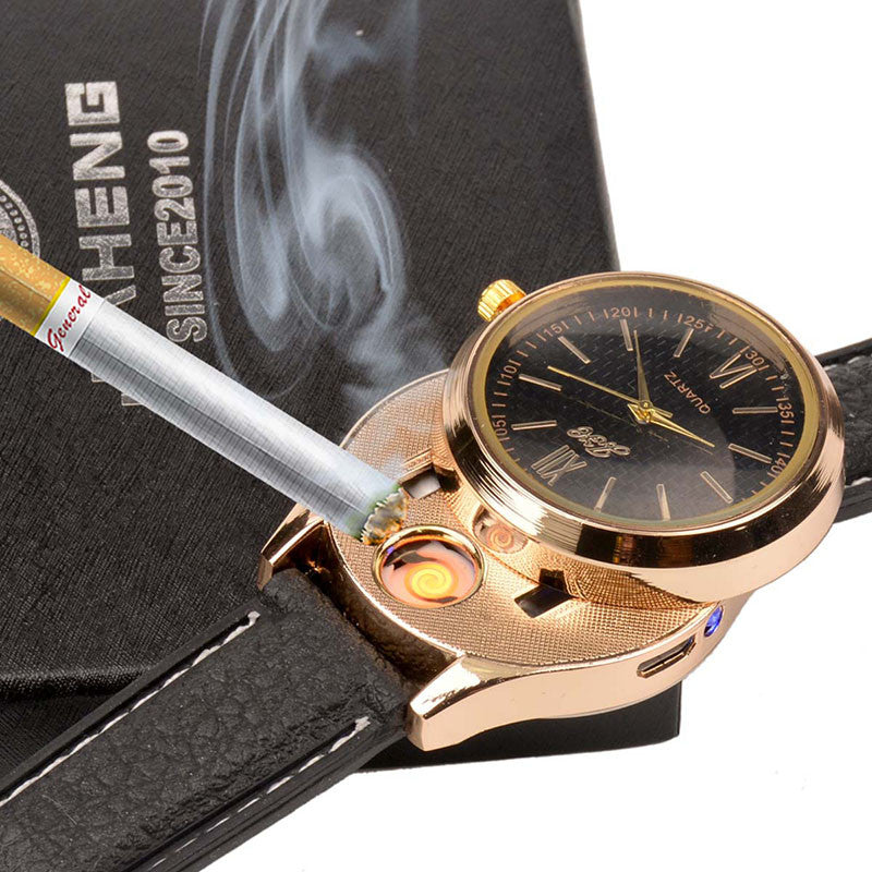 New Windproof Flameless USB Lighter Watch Electric Quartz Watches Men Women Luxury Wristwatches + Rechargeable Cigarette Lighter