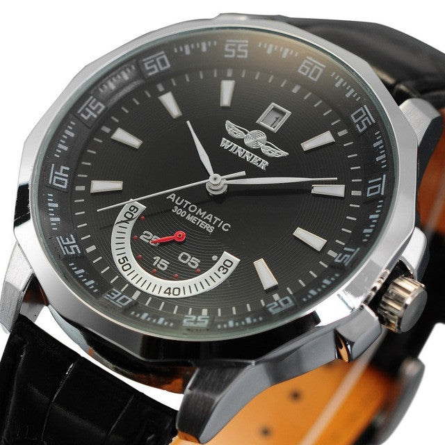 Winner Mechanical Black High Quality Leather Calendar Automatic Watch Clock Men Sports Watches