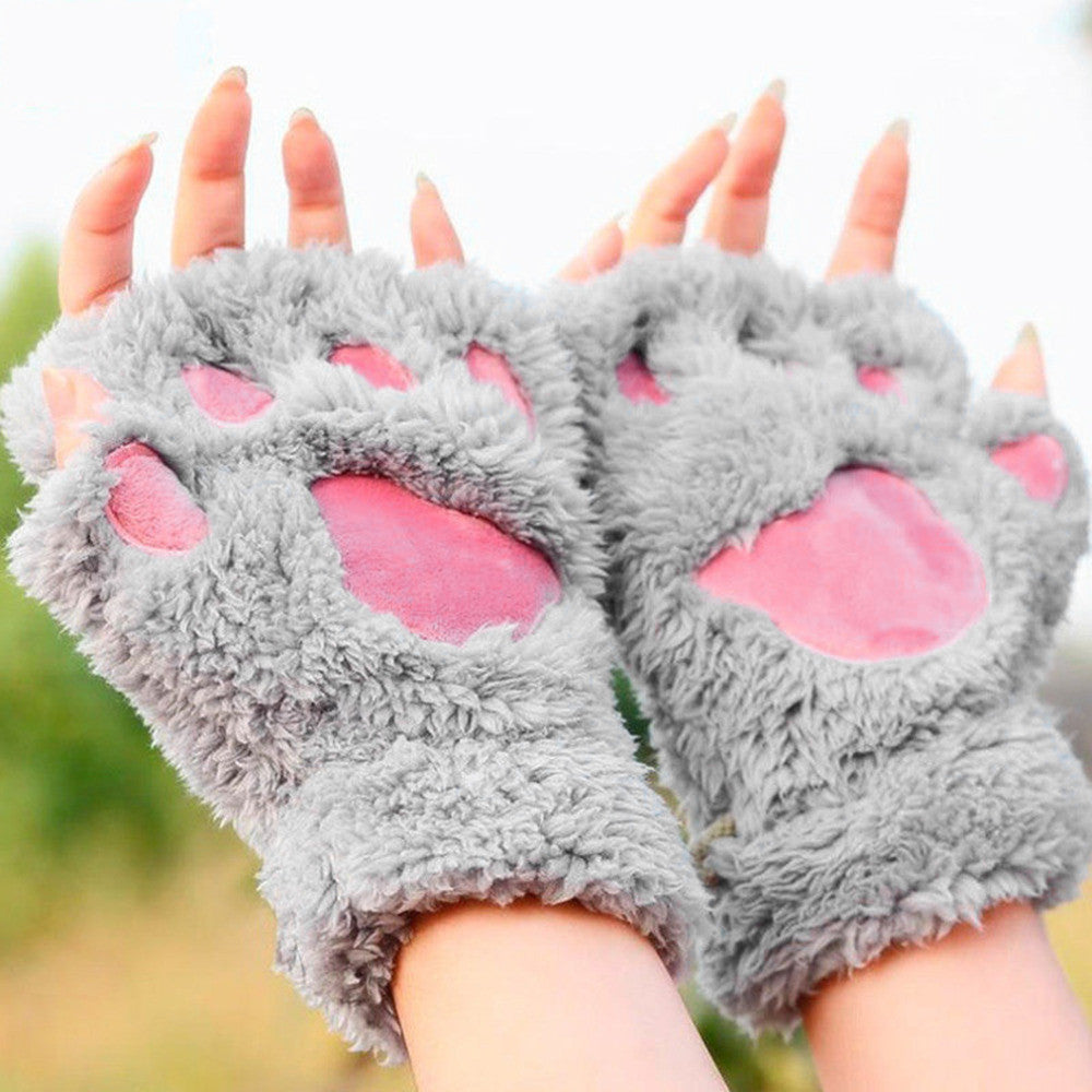 Woman Winter Fluffy Bear/Cat Plush Paw/Claw Glove-Novelty soft toweling lady's half covered gloves mittens Valentine's Day Gift