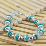 Women Fashion jewelry Tibetan Silver Color Bracelets Bangles Turquoise Inlay Roundness Bead Friendship Bracelets Summer Style